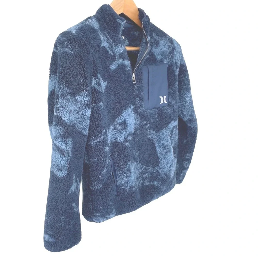 Hurley Boys Sherpa 1/4 Zip Pullover Blue Camo Kangaroo Pockets Size L 10/12 Warm